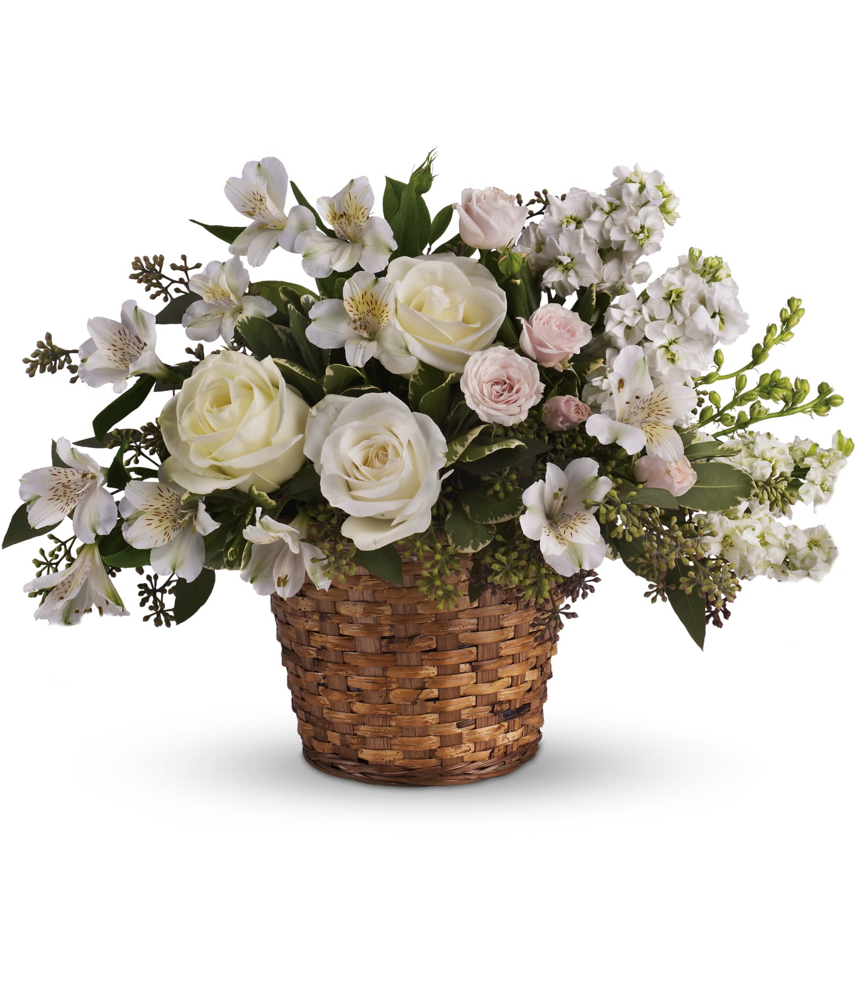 Love's Journey by Teleflora - Send comfort and thoughts of hope for a brighter day with this peaceful basket of white sympathy blooms, and a sweet hint of pink. Gently uplifting, it is perfect for the service. Approximately 18 1/2" W x 14" H.