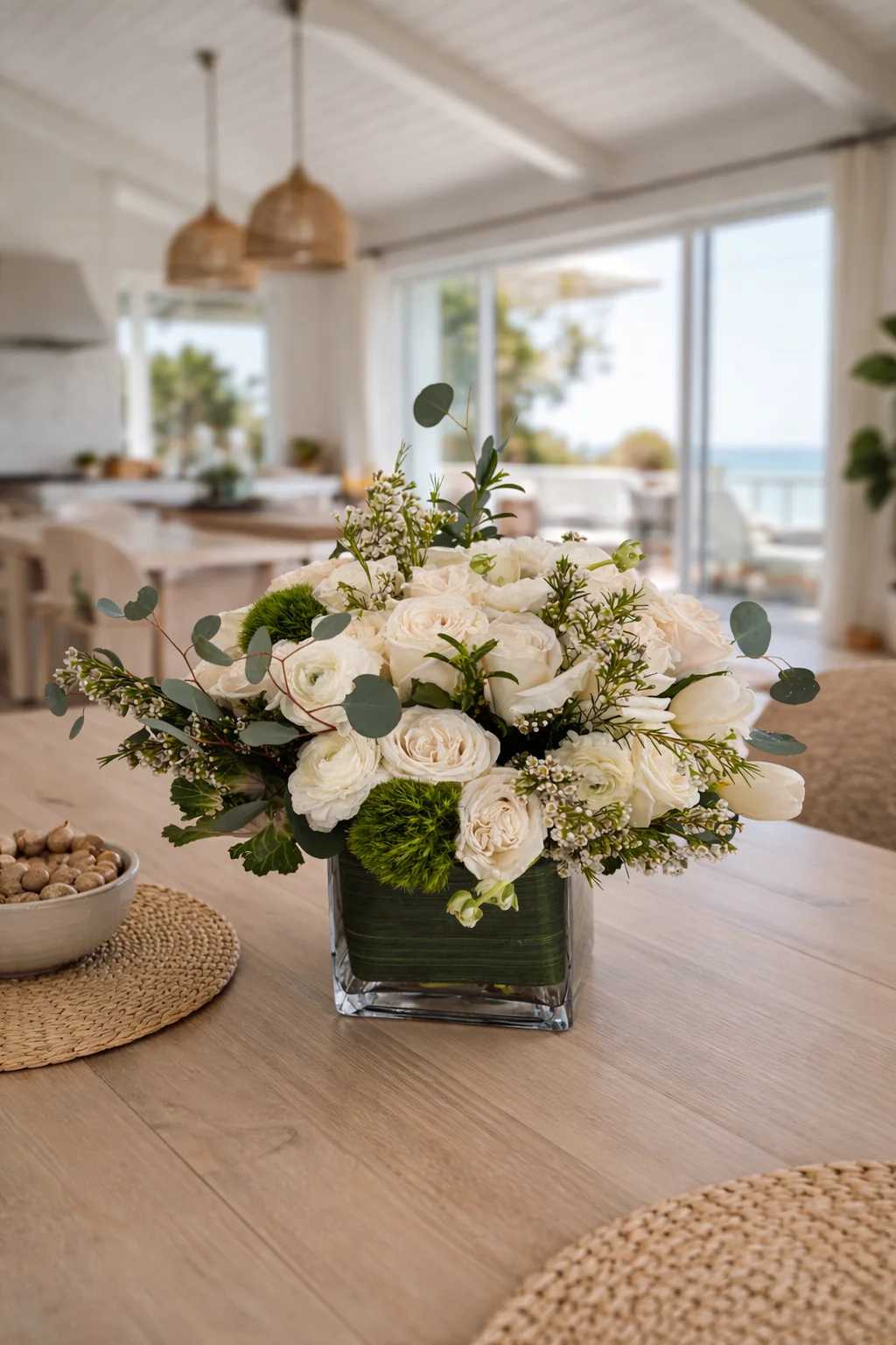 White rose arrangement in a square glass vase with green accents