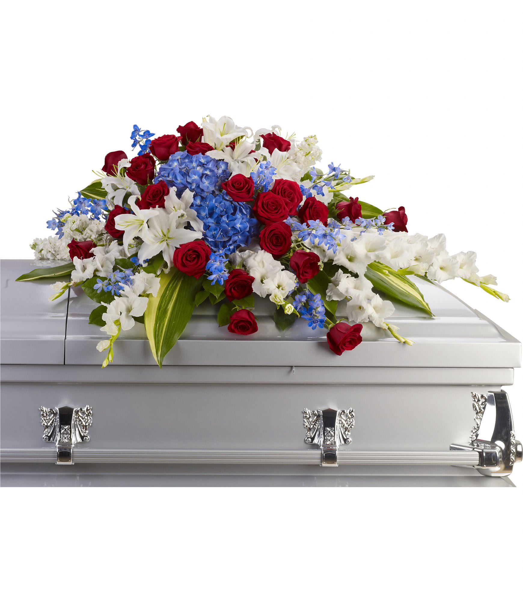 Distinguished Service Casket Spray by Teleflora - A beautifully patriotic way to pay tribute to a loved one. This half-couch spray sends an eloquent message of strength, respect and freedom.  