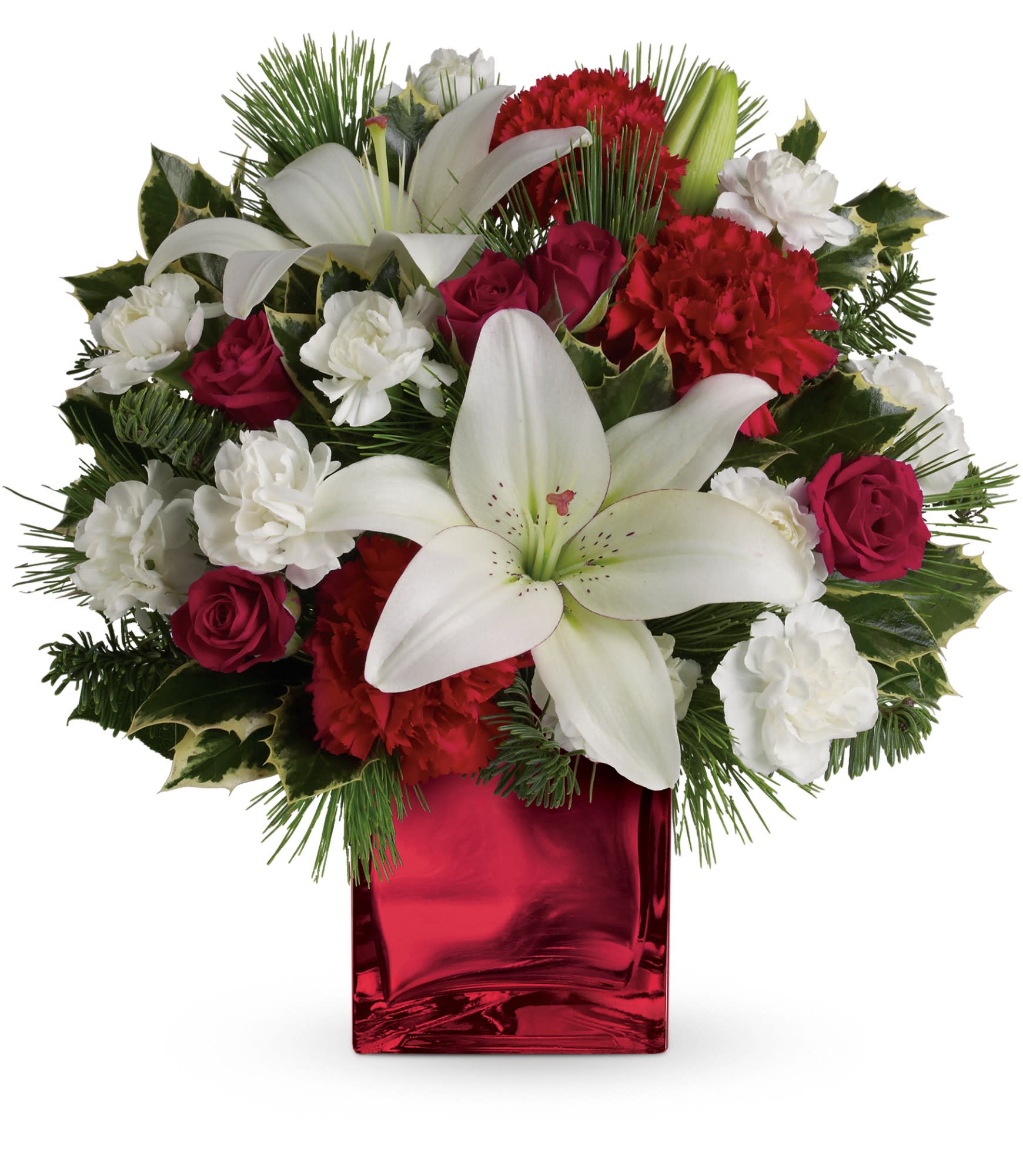 Lilles and Roses - The Christmas edition - This festive holiday bouquet includes red roses and white asiatic lilies presented in our red mirrored cube.  Red spray roses, white asiatic lilies and red carnations are accented by tips of white pine, noble fir and holly. Delivered in Teleflora's red mirrored cube.  Approximately 12 1/2" W x 12 1/2" H  Orientation: One-Sided  As Shown : TWR06-1A Deluxe : TWR06-1B Premium : TWR06-1C