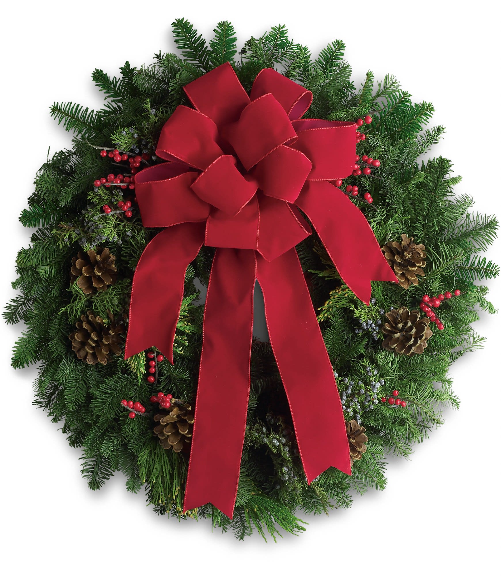 Classic Holiday Wreath - The holidays are knocking at the door. Luckily, here's a gift that always gets a warm welcome! It's a classic holiday wreath with some very lovely extras.  A beautiful noble fir wreath with juniper branches, pinecones and berry sprays is adorned with a brilliantly festive red bow. Anyone would be delighted to have this arrive on their doorstep!  We can customize this upon request. Please call the shop for any customizations desired!  Approximately 32"  Overall Circumference  Orientation: N/A  As Shown : T129-1A Deluxe : T129-1B Premium : T129-1C