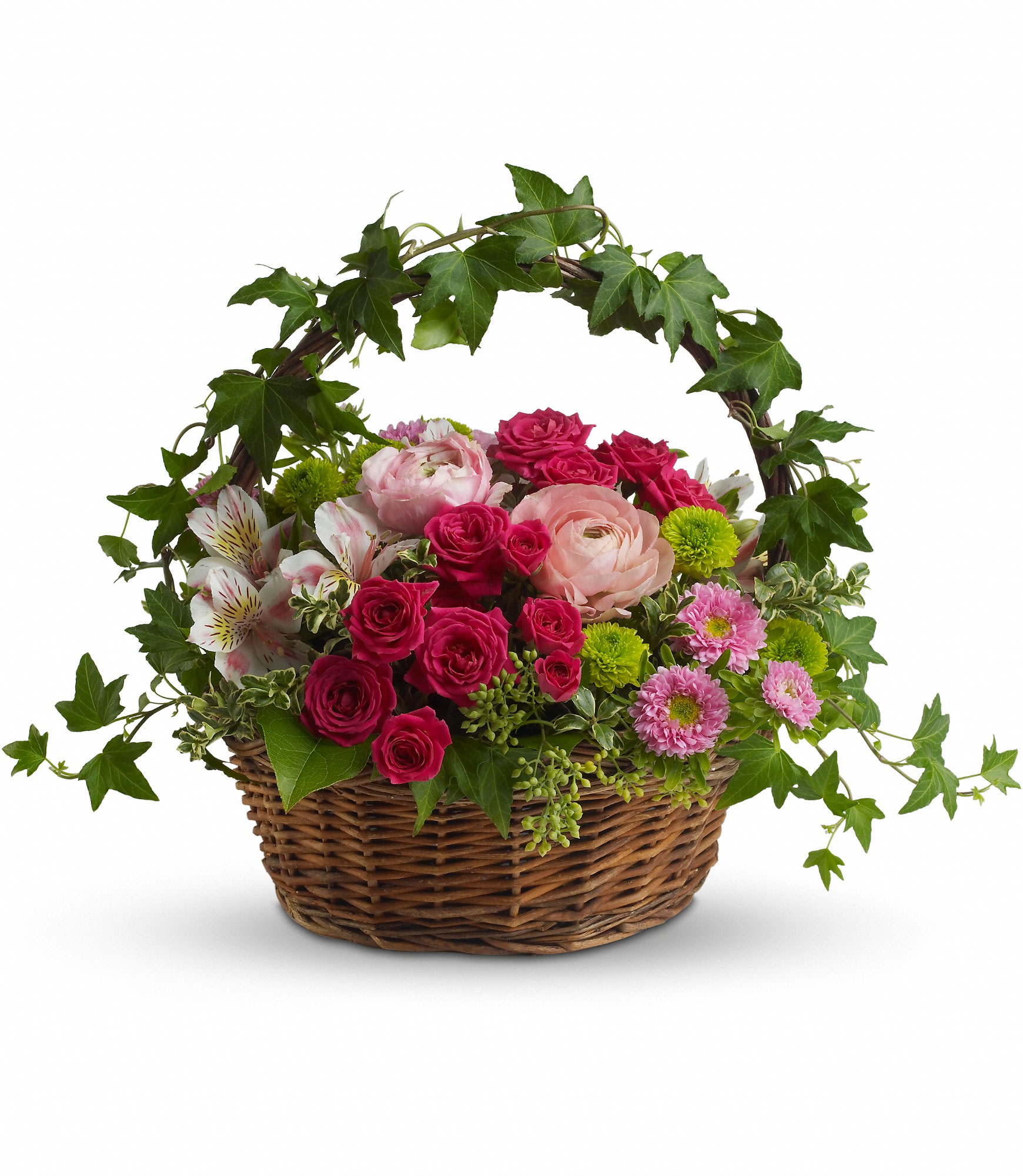 Sweet Spring Basket - Light orange roses, hot pink roses light pink alstroemeria, ranunculas and matsumoto asters, green button spray chrysanthemums and more are delightfully delivered in a charming ivy handled woven basket. Send one to your fair lady!  Approximately 18" W x 14" H  Orientation: All-Around  As Shown : T147-3A Deluxe : T147-3B Premium : T147-3C