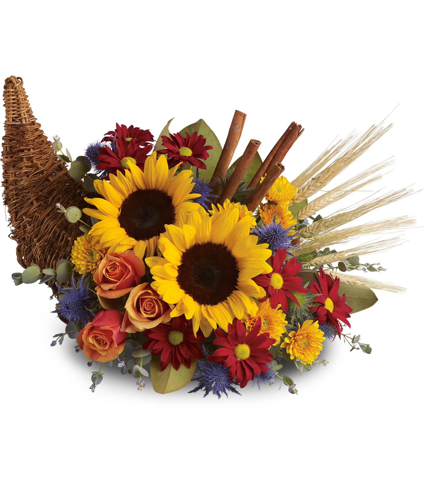 Classic Cornucopia - Along with joy, this cornucopia carries an abundance of beautiful fall flowers and foliage. A stunning centerpiece or inviting entryway display, this beauty will be at home anywhere in the house.  Dazzling sunflowers, light orange roses and spray roses, red daisy spray chrysanthemums, yellow cushion spray chrysanthemums, eucalyptus, magnolia leaves, cinnamon sticks and wheat are perfectly arranged in a wicker cornucopia. Now you know why cornucopia translates to "horn of plenty."  Approximately 19" W x 15" H  Orientation: One-Sided  As Shown : T168-3A Deluxe : T168-3B Premium : T168-3C