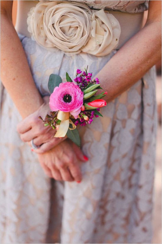 Pink and Vibrant Corsage - A great mix of wild flowers and vibrant colors.