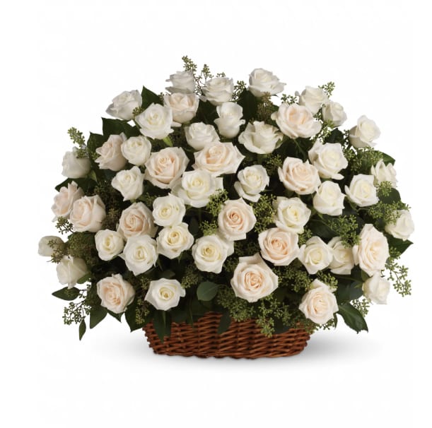 Pure and simple - A beautiful, bountiful basket of  4 dozen luminous white roses that feels so fresh, natural, and welcomed. 