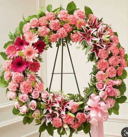 Pretty, Pretty Pink Wreath - For that special woman who was as pretty inside as she was outside. Made with love by Flower Allie.'  Please call us for custom designed funeral florals . We have a funeral floral specialist on staff Tuesday through Saturday and are always available for special orders by phone from 6:00am to 10:00 pm 7 days a week. After hours phone number: 714-624-1661  See our custom funeral work on Instagram @flowerallieeveryday 