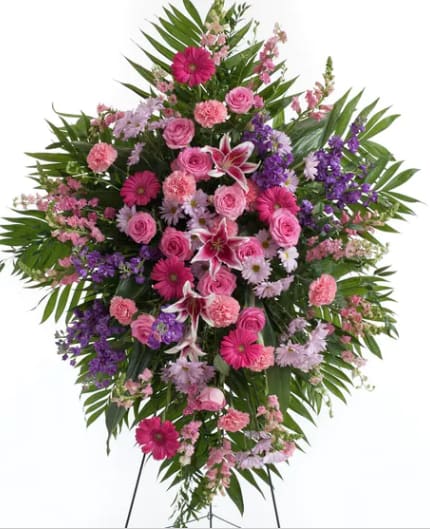 Orange County Classic Funeral Spray - The perfect match of laid back and casual with a lush feel and a hint of tropical. Femine and flowery and just the perfect uplifting spray...... 