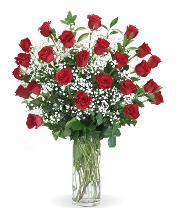 Red roses in a clear glass vase with white filler flowers