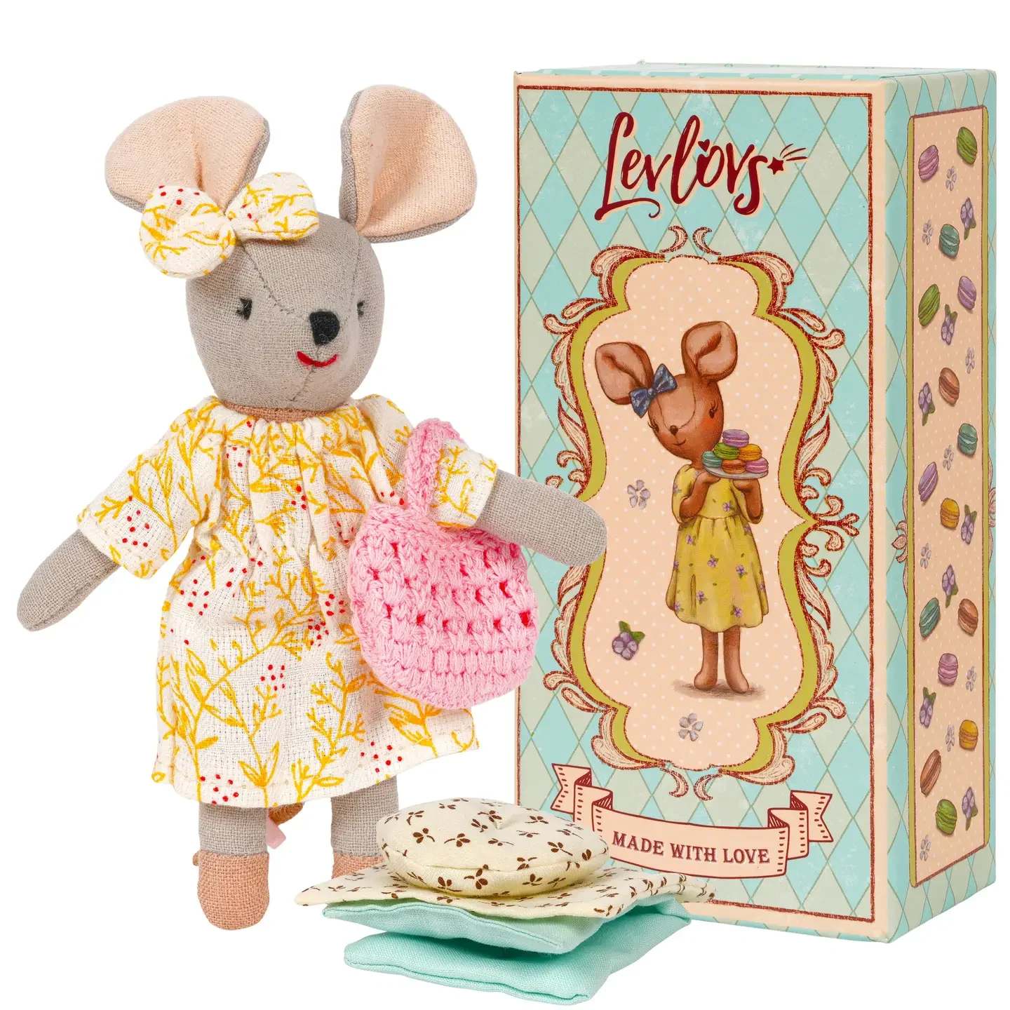 Mouse and Macaroons - Mouse and Macaroons  Dressed in a soft, sunny dress with delicate golden patterns, she carries her favorite pink bag, always ready to collect her treasured treats. Inspired by childhood memories of colorful macaroons and cozy afternoons, this charming mouse brings a gentle sense of joy and imagination to every moment.A perfect keepsake for little dreamers and lovers of simple, sugary memories   