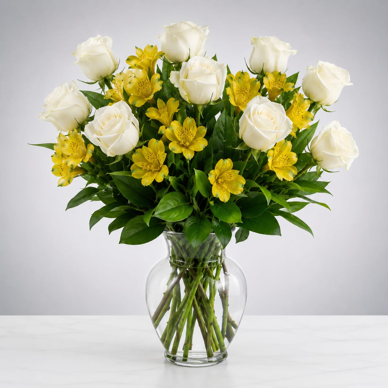 Gentle Sunshine - An all-green rose and alstroemeria is a great non-romantic flower option for somebody who likes roses. Perfect for sending as a graduation or congratulations gift to somebody you care about!  Approximate Dimensions: 15"D x 18"H