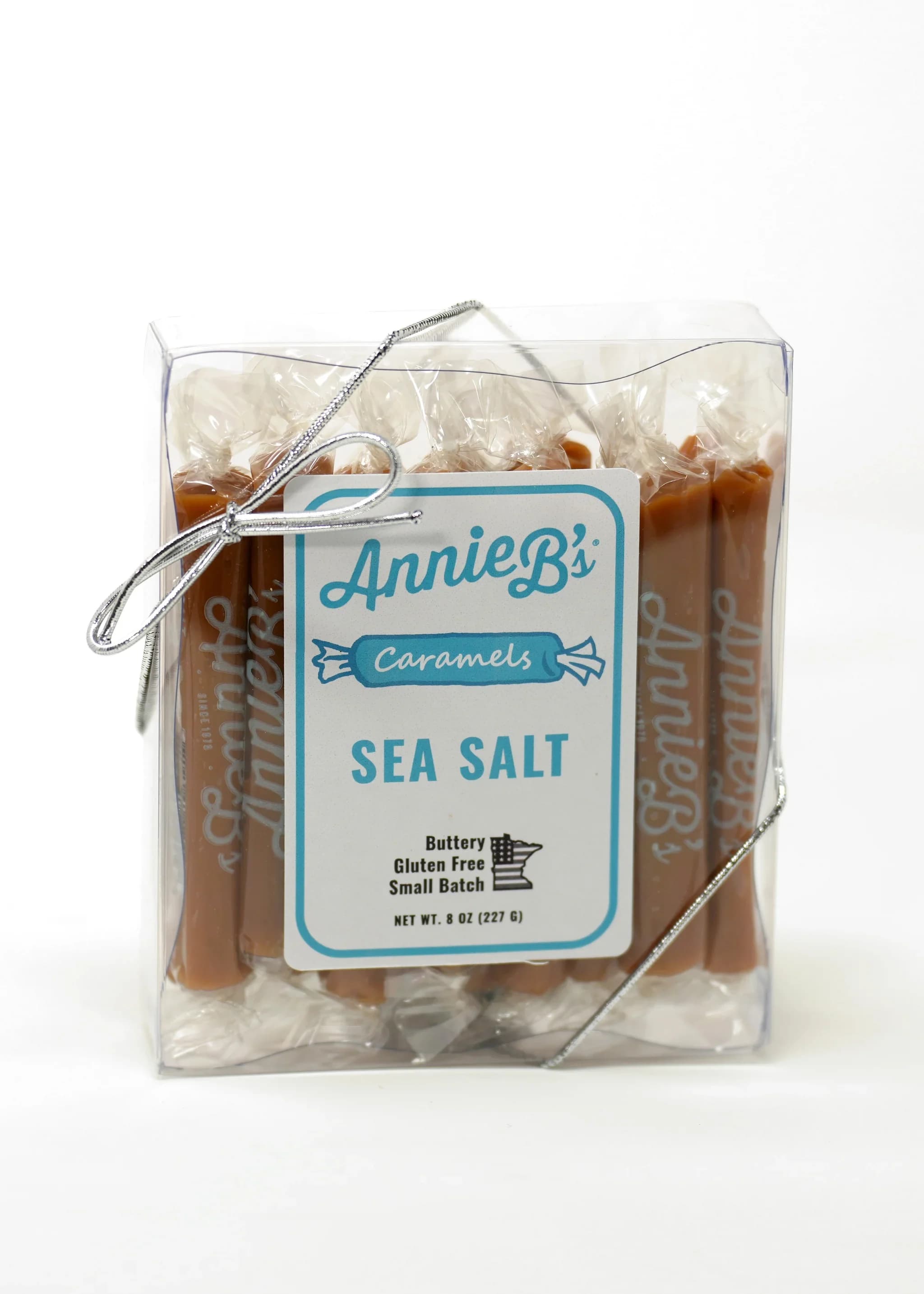 Annie B's Sea Salt Carmel - Our original and best-selling caramels are slow-cooked in copper pots, just as they have been since 1978. Handcrafted using natural ingredients including butter, brown sugar and condensed milk, these caramels make a great gift, party favor or everyday treat. Mellow and buttery with a perfect chewy texture, our caramels were named one of Oprah’s Favorite Things. Another fan describes them as “A party for your tastebuds!” Tuck them inside of cookies, bars or brownies, melt and drizzle atop ice cream, apples and pears.  Annie B’s original caramels are gluten-free and are handcrafted in small batches in our facility.  