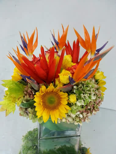 Bright tropical bouquet with sunflowers and bird of paradise in a glass vase