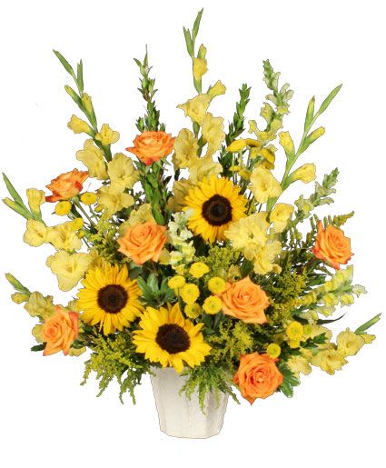 GOLDEN GOODBYE - A wonderfully golden funeral arrangement in a vase (Different colors/flowers may be possible based on availability. Please call to make sure we have the colors and flowers you are looking for, thank you!)