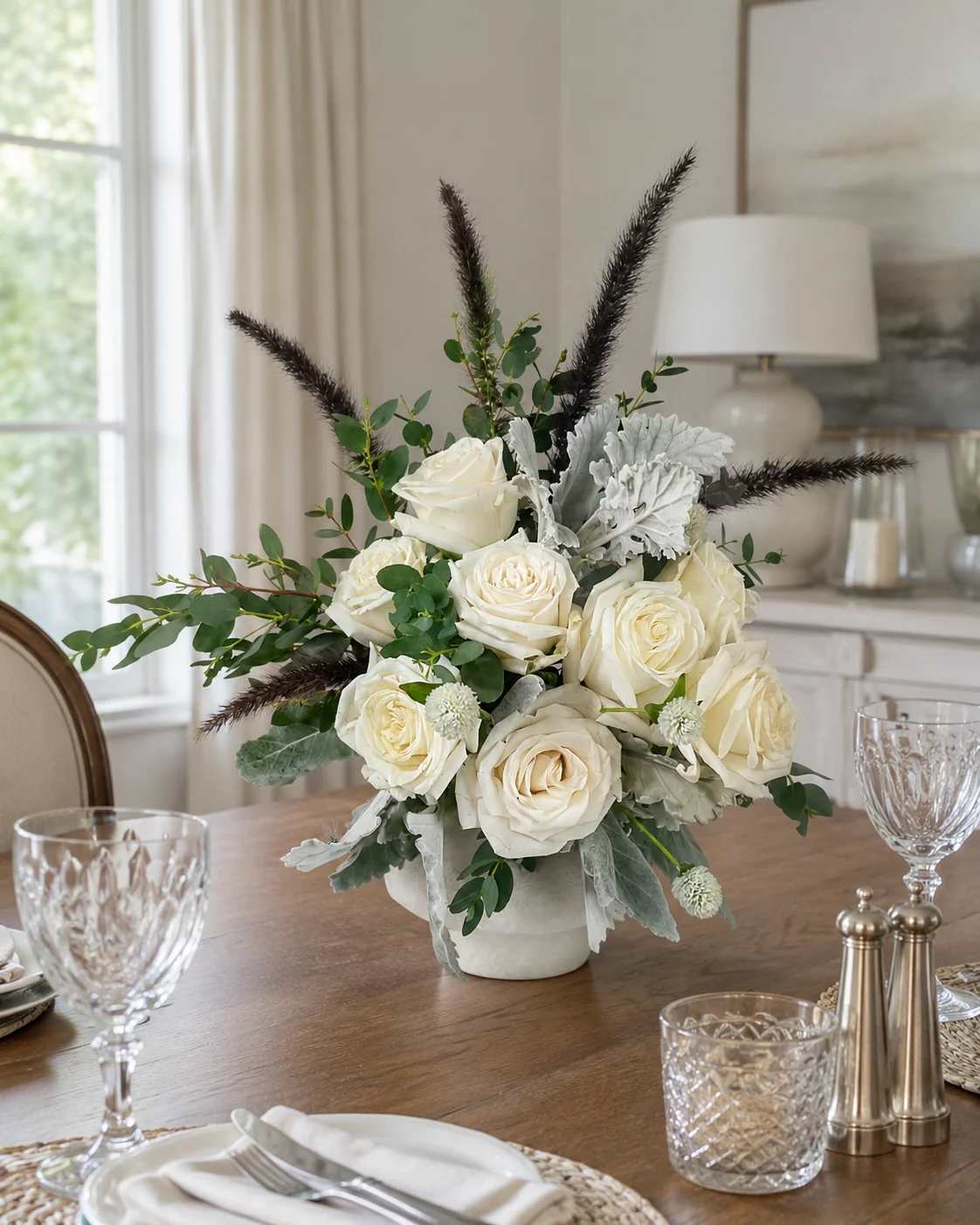 White rose arrangement in a low vase with greenery and dark feathery accents