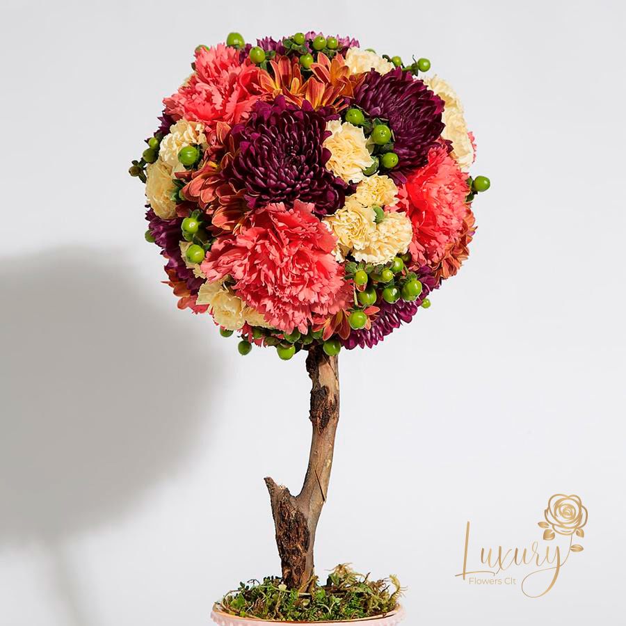 Topiary Helen - "PLACE YOUR ORDER AT LEAST 2 DAYS PRIOR TO THE DELIVERY DATE”  These flower trees will make anyone fall in love. Each one is unique. All Occasions. Size: 6" in diameter of the topiary. Ceramic Pot. Check our coverage area.  Occasionally, flowers and/or container substitutions occur due to weather, seasonality, and market conditions, which may affect availability. If this is the case with the gift you’ve selected, we will ensure that the style, theme, and color scheme of your arrangement are preserved and will only substitute items of equal value or higher value 