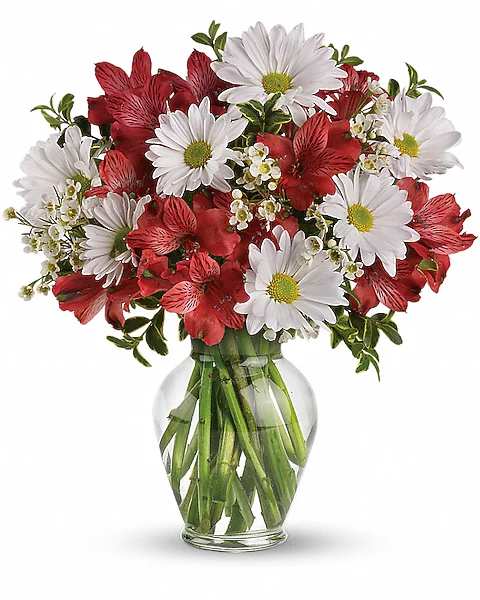 Red and white mixed bouquet in a clear glass vase