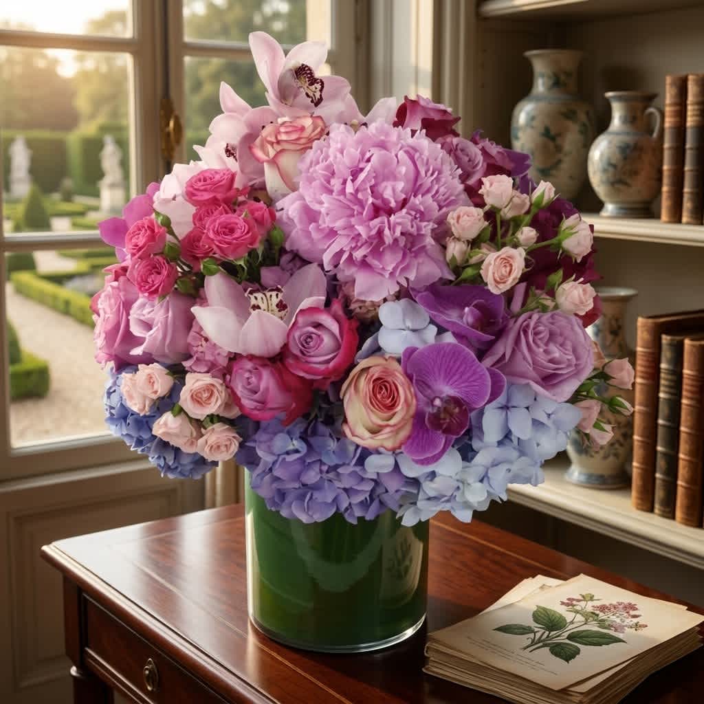 Pink and lavender floral arrangement in a green glass vase