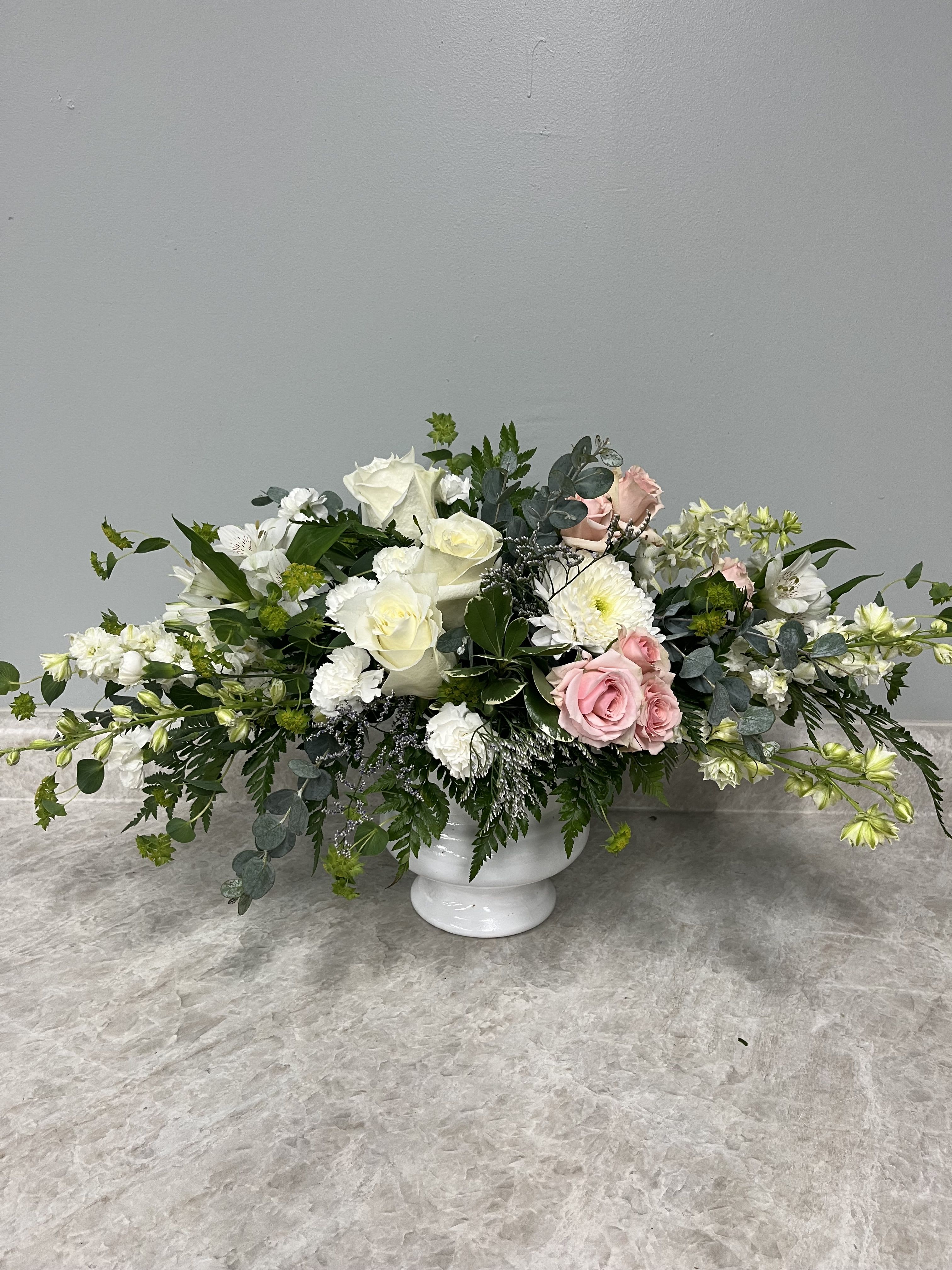  Love's Journey - White roses, stock, spray roses, alstromoeria &amp; larkspur in a wicker basket