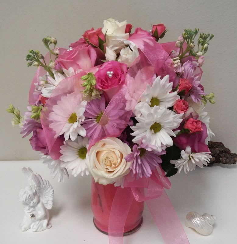 Pink &amp; Pearly Pleasures - Oh-so pink,oh-so pretty,oh-so pleasing! Fragrant roses, perky daisies and tulips are studded with pearls and woven with gossamer ribbon.