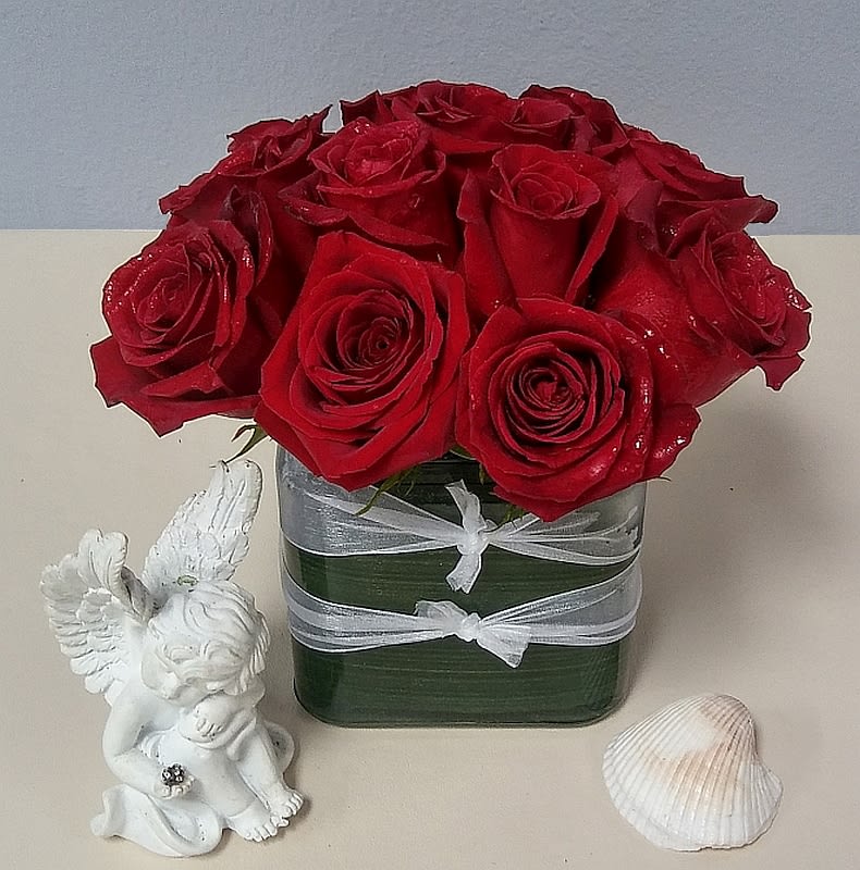 Radiant in Red by BloomNation™ - This bold yet tasteful bouquet is the perfect size for any desk. Radiant in Red by BloomNation™ makes a great gift for Valentine's Day, a Birthday, or an Anniversary. Arrangement Details: 12 Red Roses in a clear, cubed Vase APPROXIMATE DIMENSIONS 8" H X 10" L X 8"W