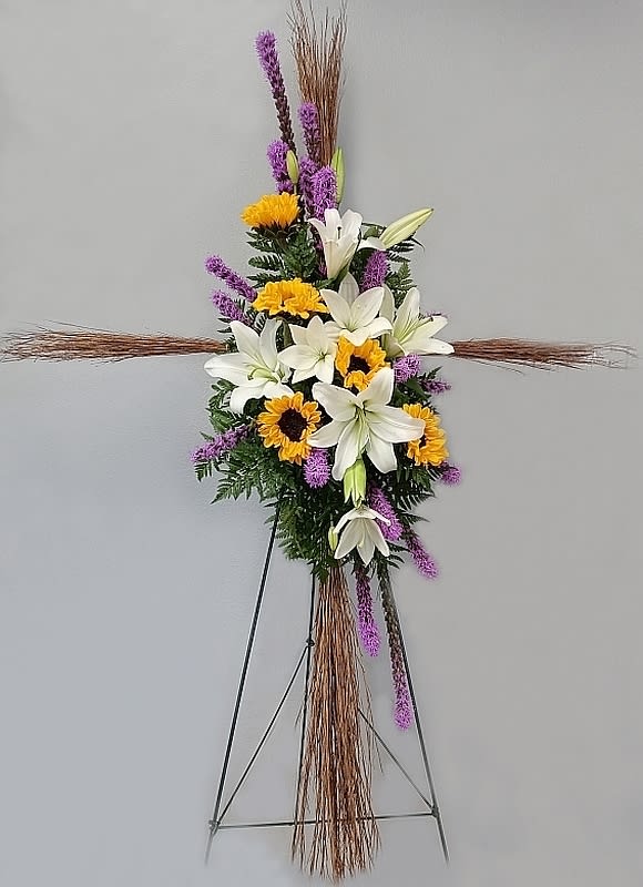 Sign of Faith Standing Cross - Show sympathy and express your heartfelt prayers with a touching tribute to faith and devotion. This lovely natural cross, created from branches and blossoms, is appropriate for funerals, wakes and memorials.