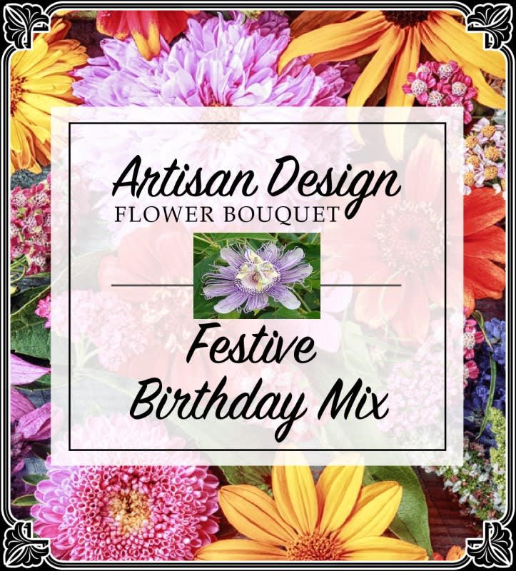 Colorful mixed flower bouquet graphic with birthday text