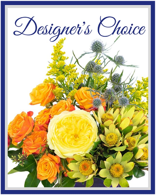 Mixed bouquet with orange and yellow roses and green flowers