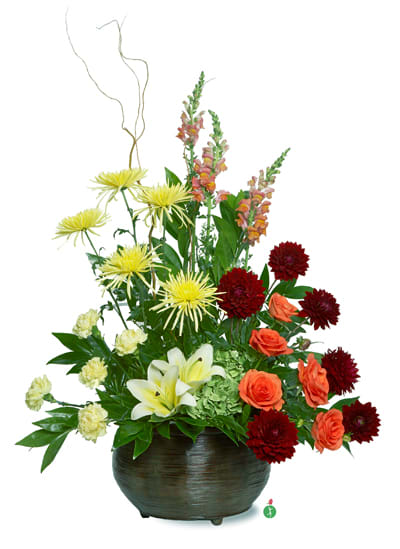 Mixed floral arrangement in a dark round vase with lilies and dahlias