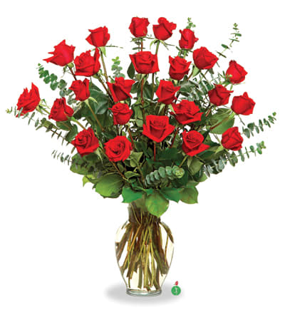 Two Dozen Red Roses - An impressive presentation of two dozen fragrant, long-stemmed red roses accented with eucalyptus foliage is a classic gift for Valentine’s Day, a romantic birthday, an anniversary or as a memorial tribute. It’s a traditional gift that symbolizes love. Available in many colors, made one sided.