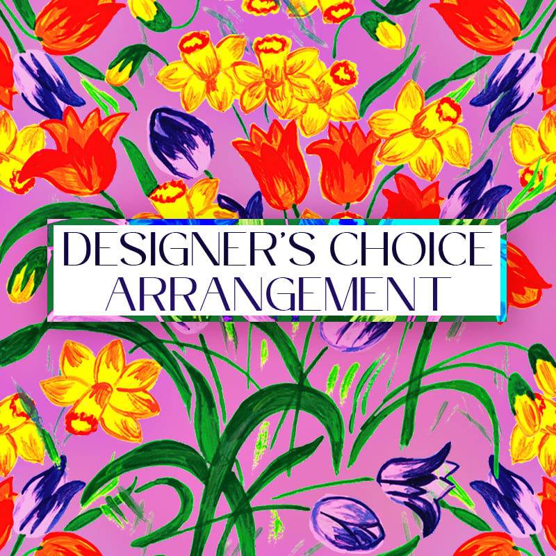 Colorful floral pattern with daffodils and tulips behind a text banner