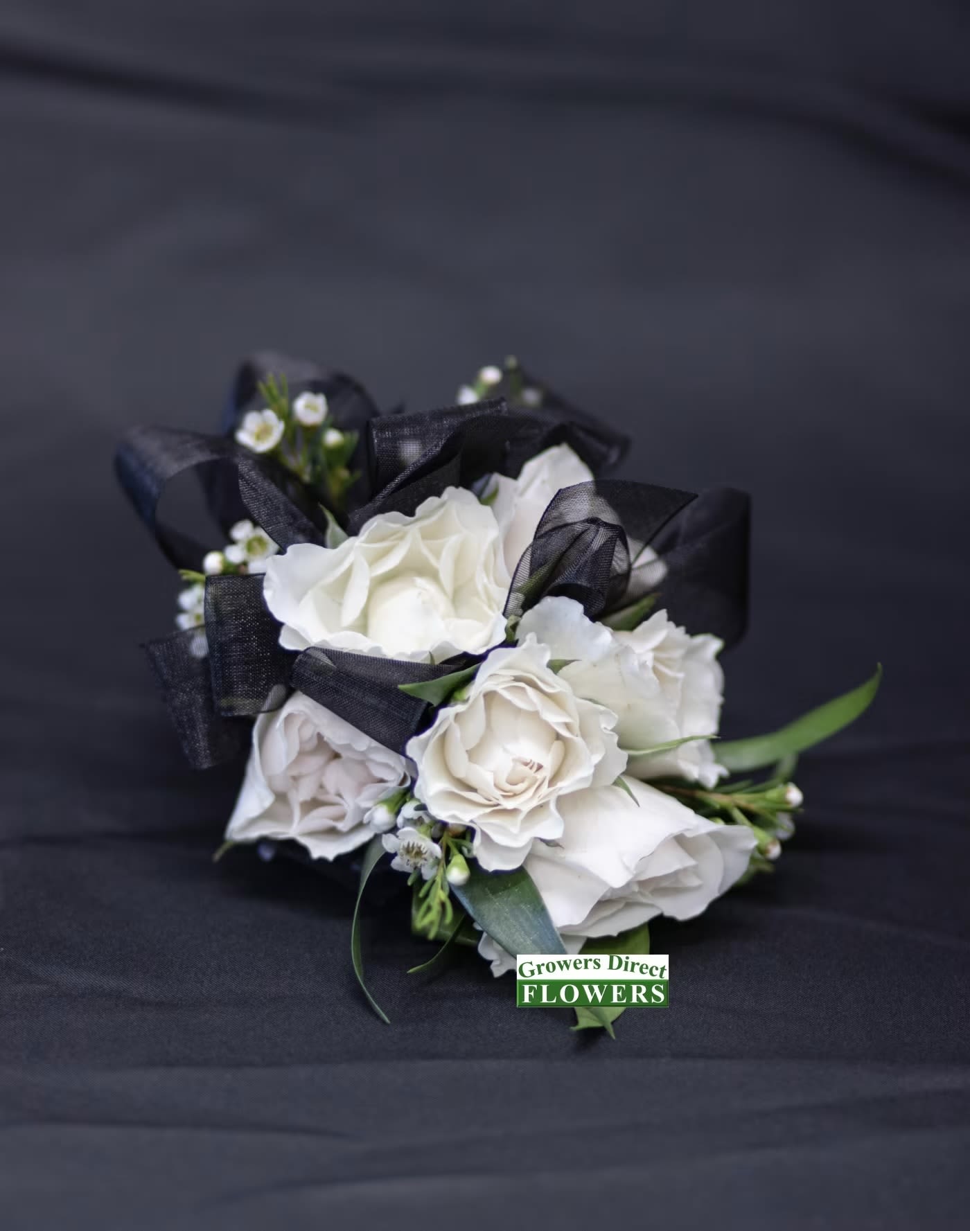 Mini Rose Corsage - Mini Rose Corsage with greens + fillers &amp; ribbon