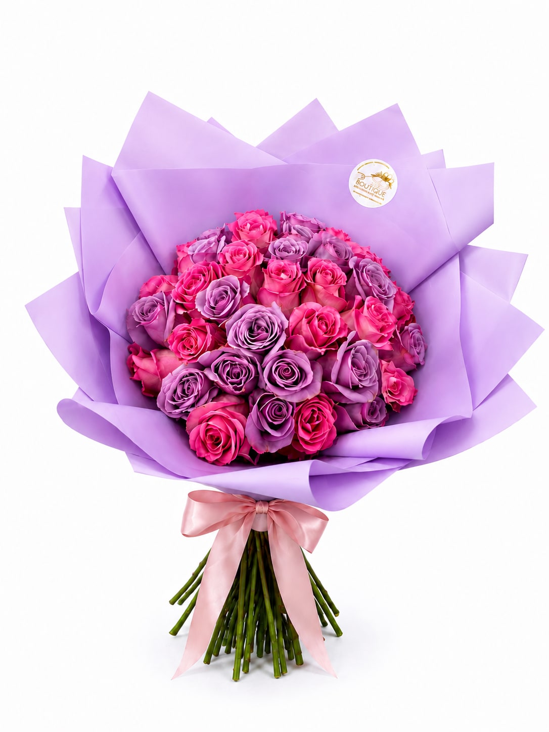 Pink and lavender elegance bouquet - A dreamy and elegant bouquet featuring a luxurious mix of lavender and pink roses, beautifully arranged in a full dome design and wrapped in premium all-lavender paper. Finished with a soft satin blush ribbon, this bouquet is perfect for birthdays, anniversaries, celebrations, or simply making someone feel special.  The romantic color palette creates a modern yet feminine look that stands out beautifully for gifting, photos, and special moments.  Details:  Premium fresh lavender &amp; pink roses Elegant all-lavender luxury wrapping Hand-tied satin blush ribbon Modern dome-style bouquet design Perfect for birthdays, anniversaries &amp; romantic occasions  Style: Elegant • Romantic • Luxury • Feminine 