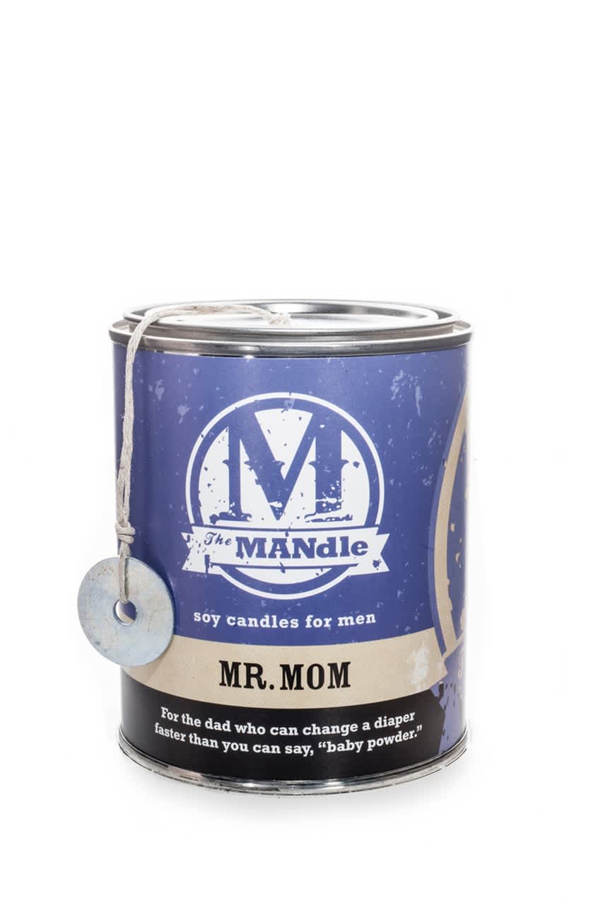 Blue soy candle in a metal tin with a hanging tag