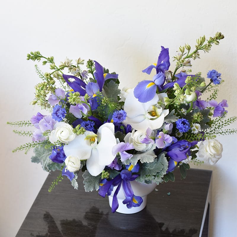 Dreamy Land - Indulge in the timeless elegance of our exquisite flower arrangement featuring delicate irises and pristine white orchids. Handcrafted to perfection, this stunning ensemble effortlessly captures the essence of sophistication and grace. Whether for weddings, special events, or as a thoughtful gift, our arrangement promises to enchant with its captivating beauty and lasting charm. Elevate any occasion with the exquisite allure of irises and white orchids. Order now and let their ethereal beauty mesmerize.