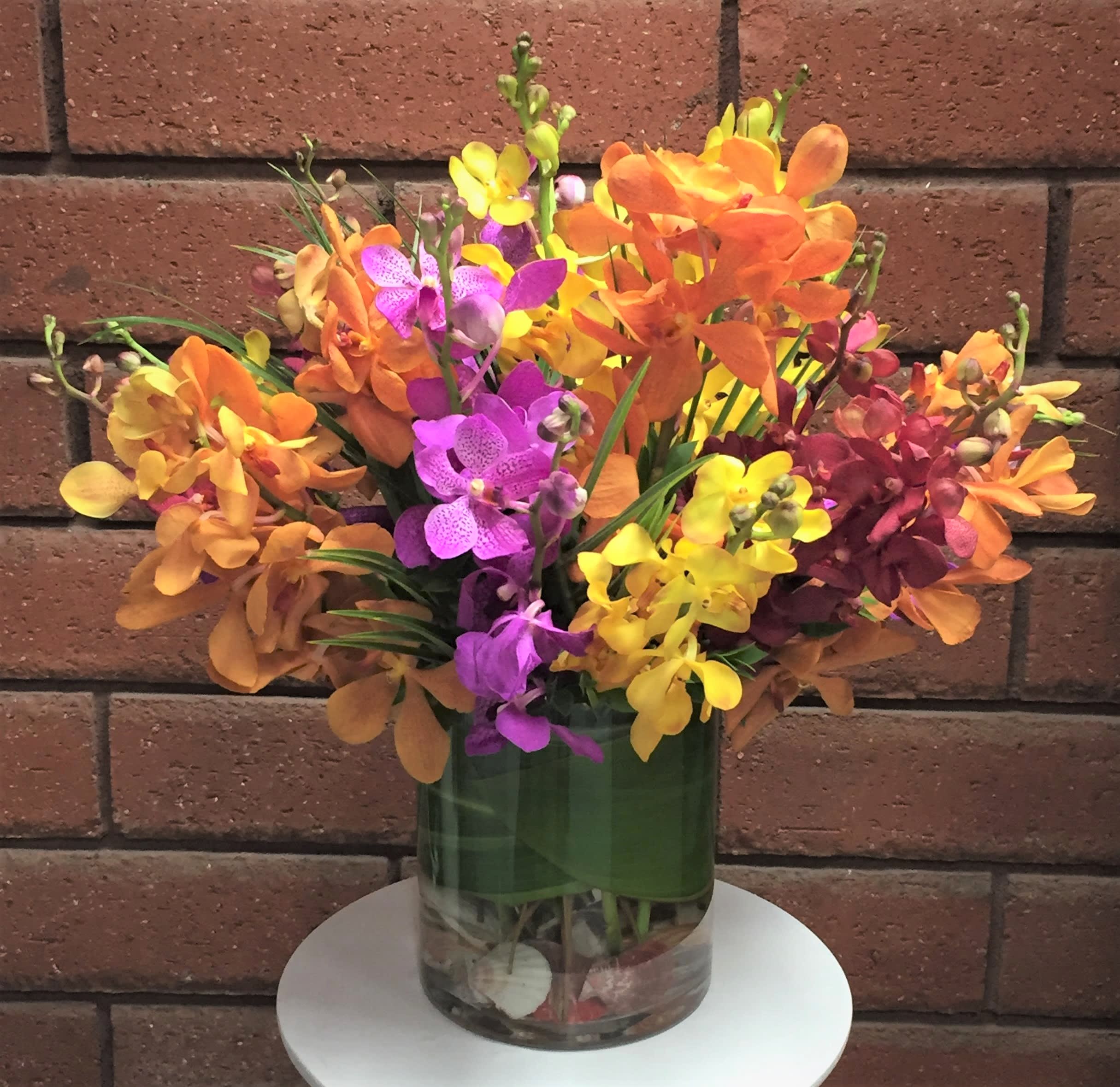 Colorful orchid arrangement in a glass vase