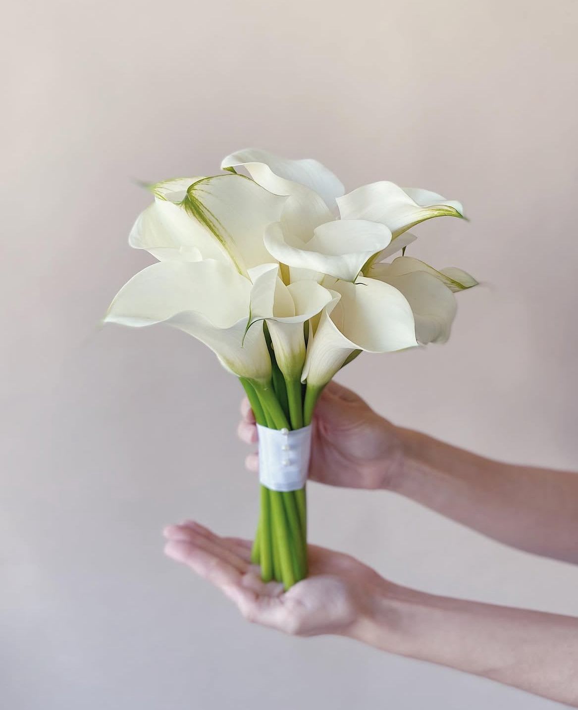 Bouquet of white calla lilies tied with a white band