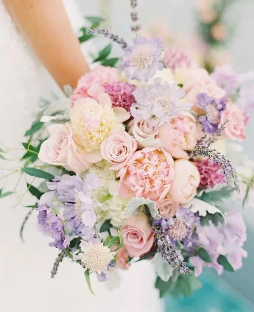 Pastel bouquet of roses, peonies, and lavender flowers