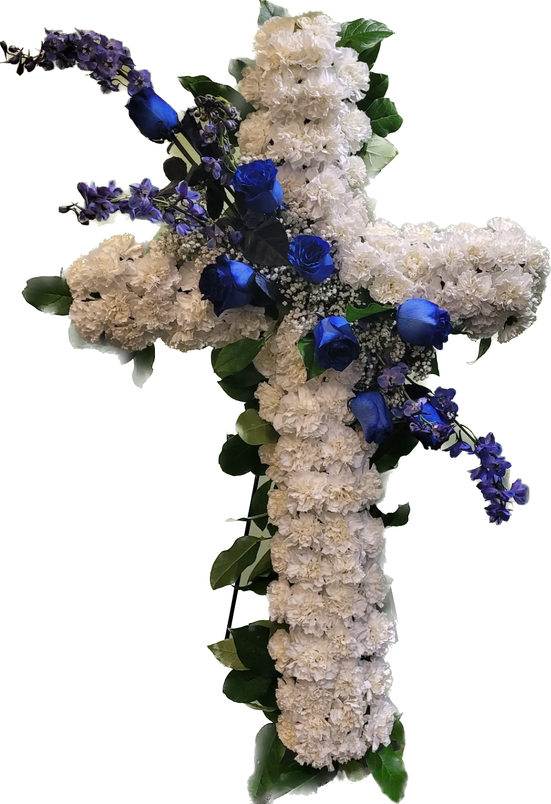 Cross-shaped floral arrangement with white carnations and blue roses