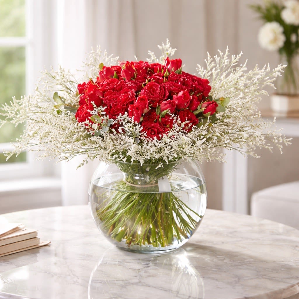 Timeless classic - This French bouquet is the timeless, traditional, classic style for the one who love this tight bouquet look. It creates by heart rose, assort tulip etc. I keep all material in different shape of red to achieve the depth and texture. This arrangement suggestion in 8" Ball vase ** Vase is not included, Please select the vase before checking out** The arrangement will be delivered in Brand Gift Box with greeting card Disclaimer: Photo just represent the overall style, look and feel, which may not be able to identically replicate in some instance. We will only substitute item of equal value or higher value. 