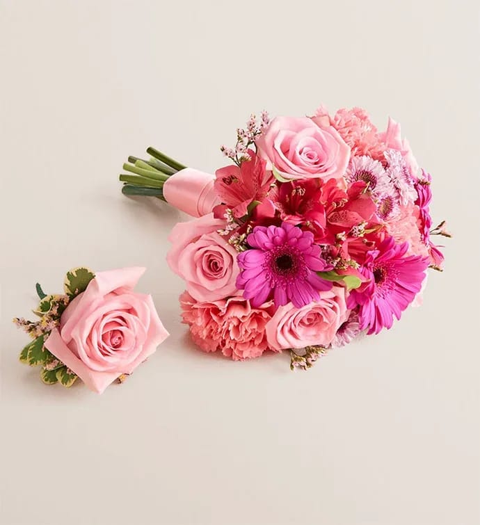 Prom Bouquet And Boutonniere - Pink - Prom Bouquet And Boutonniere - Pink
