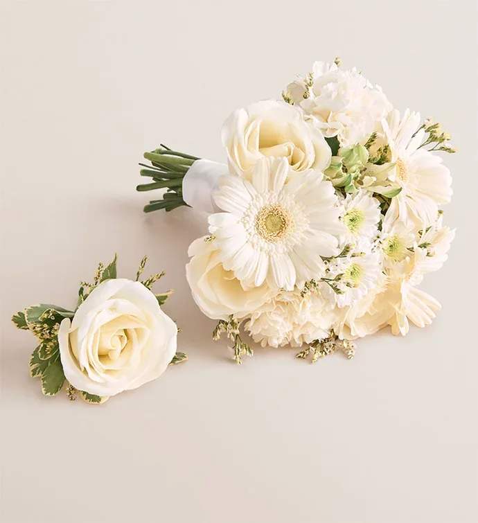 Prom Bouquet And Boutonniere - White - Prom Bouquet And Boutonniere - White