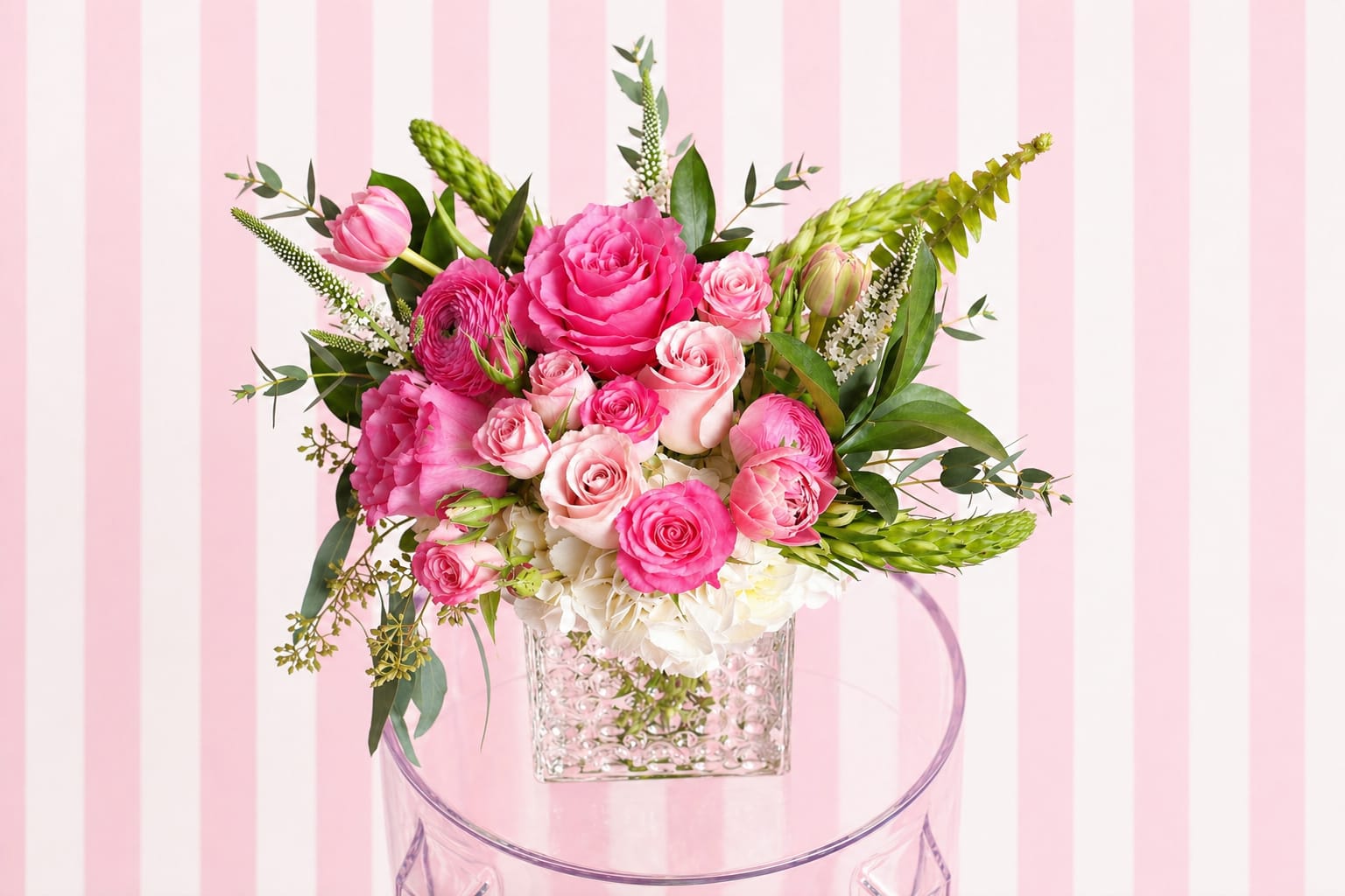 Pretty in Pink Garden | DFW Local Flower Delivery - If pink is her favorite, this one’s an easy yes. Our Pretty in Pink Garden is a lush, joyful arrangement featuring shades of hot pink, soft pink, and blush for a full, vibrant look she’ll love.  Designed with a modern garden feel, this arrangement is perfect for wives, moms, and anyone who loves classic pink flowers with a fresh twist.  Your bouquet will be created using premium seasonal florals in this exact color palette and size, ensuring a high-end look while allowing our designers to select the freshest blooms available.   Best for: Pink lovers (from soft to bold)  Style: Full, vibrant, and feminine  Delivery: Flower Mound, Dallas, and surrounding DFW areas