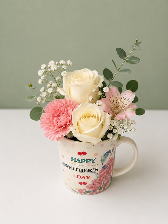 Mother's Day Cup Arrangement - A charming Mother’s Day arrangement featuring cream roses, a pink carnation, delicate accent flowers, and soft greenery arranged in a keepsake “Happy Mother’s Day” mug—a thoughtful gift for mothers, grandmothers, or anyone who deserves a little extra love.  Flower varieties may vary based on availability while maintaining the same soft pink, cream, and white color palette.  