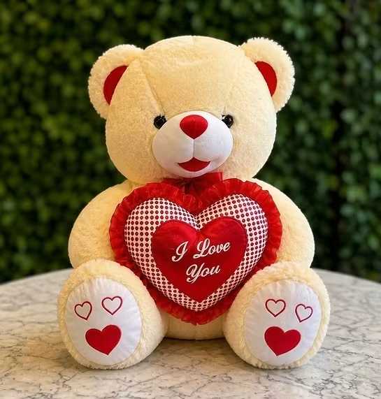LargeTeddy Bear with Heart - Surprise someone special with our Large Plush Teddy Bear holding an “I Love You” heart. Soft, cuddly, and perfect for birthdays, anniversaries, Valentine’s Day, or any special occasion. Available in white, cream, and purple. A beautiful keepsake that pairs perfectly with any bouquet or gift.