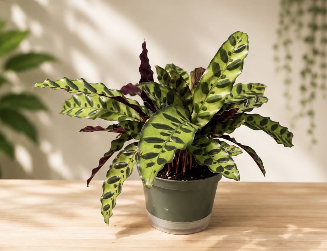 Calathea Rattlesnake Plant - A striking tropical houseplant known for its long, wavy green leaves decorated with dark oval markings and rich purple undersides. The Rattlesnake Plant comes in a 6-inch pot, thrives in bright, indirect light, and adds a bold, exotic touch to any home or office. It’s an excellent choice for indoor spaces and is also considered pet-friendly