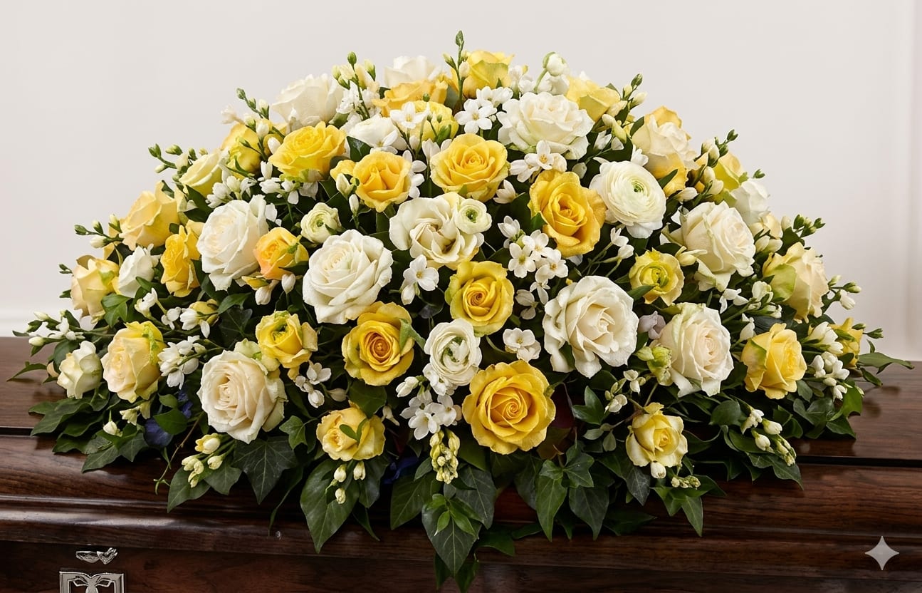 Sunshine Memories - A broad, low casket spray of warm yellow and white roses that settles across the lid with steady, comforting presence-perfect as a sympathy or funeral tribute. Sunshine Memories reads as both radiant and restrained: the yellow roses bring gentle warmth while the white roses and delicate white filler flowers offer a serene, respectful tone suited to memorial services.  Crafted to lie flat over a wooden casket, this large, symmetrical arrangement emphasizes full coverage and a smooth silhouette rather than height. Densely packed rose blooms create a lush, tactile surface while small white fillers add soft texture and visual depth. The palette of yellow, white, and green foliage keeps the design traditional and refined, pairing well with natural wood tones.  Choose this arrangement when you want the person you're honoring to feel remembered with brightness and grace-a tribute that comforts mourners and honors the life celebrated. Designed for ease at services, the spray arrives ready to place on a casket; please check delivery options and cemetery or funeral home guidelines when ordering.