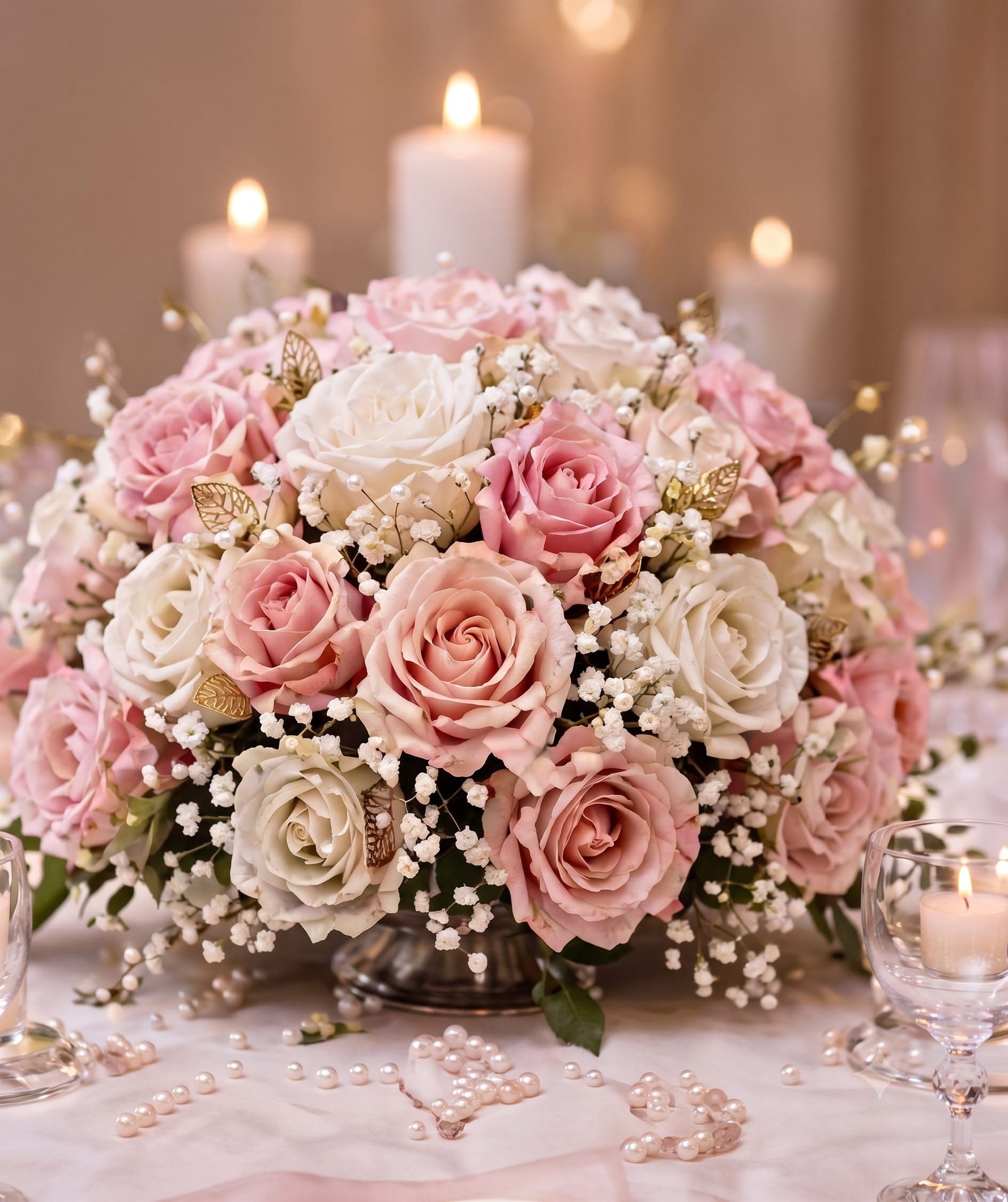 Rose Garden Centerpiece - A romantic mix of blush, pink, and ivory roses accented with delicate baby’s breath. Perfect for weddings, anniversaries, and other special celebrations. Flower shades may vary based on availability.  