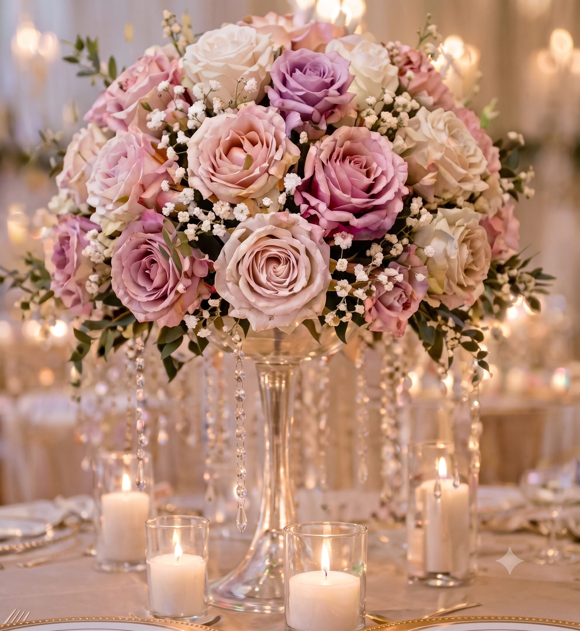 Soft Glam - A rounded centerpiece of blush, pink, lavender and ivory roses creates the soft, romantic impression that makes this flower arrangement ideal for an anniversary, wedding centerpiece, or a love-and-romance gift. Tucked throughout with delicate sprays of baby's breath, the pastel palette reads as both celebratory and gently refined-perfect for saying "I love you," marking a birthday, or honoring Mom on Mother's Day.  Set in a tall clear glass vase for added height and a refined silhouette, the dense cluster of roses is accented with hanging crystal strands that catch candlelight for a subtle, formal sparkle. The arrangement comes with glass candle holders and pillar candles to complete the tablescape or bedside vignette; the overall effect is luminous and intimate without being overpowering.  Designed to make the recipient feel truly celebrated, this piece works beautifully as a wedding table focal or a romantic surprise that fills a room with soft color and texture. For best enjoyment, keep flowers in fresh water, trim stems when refreshing the vase, and place away from direct heat or drafts to extend bloom life.