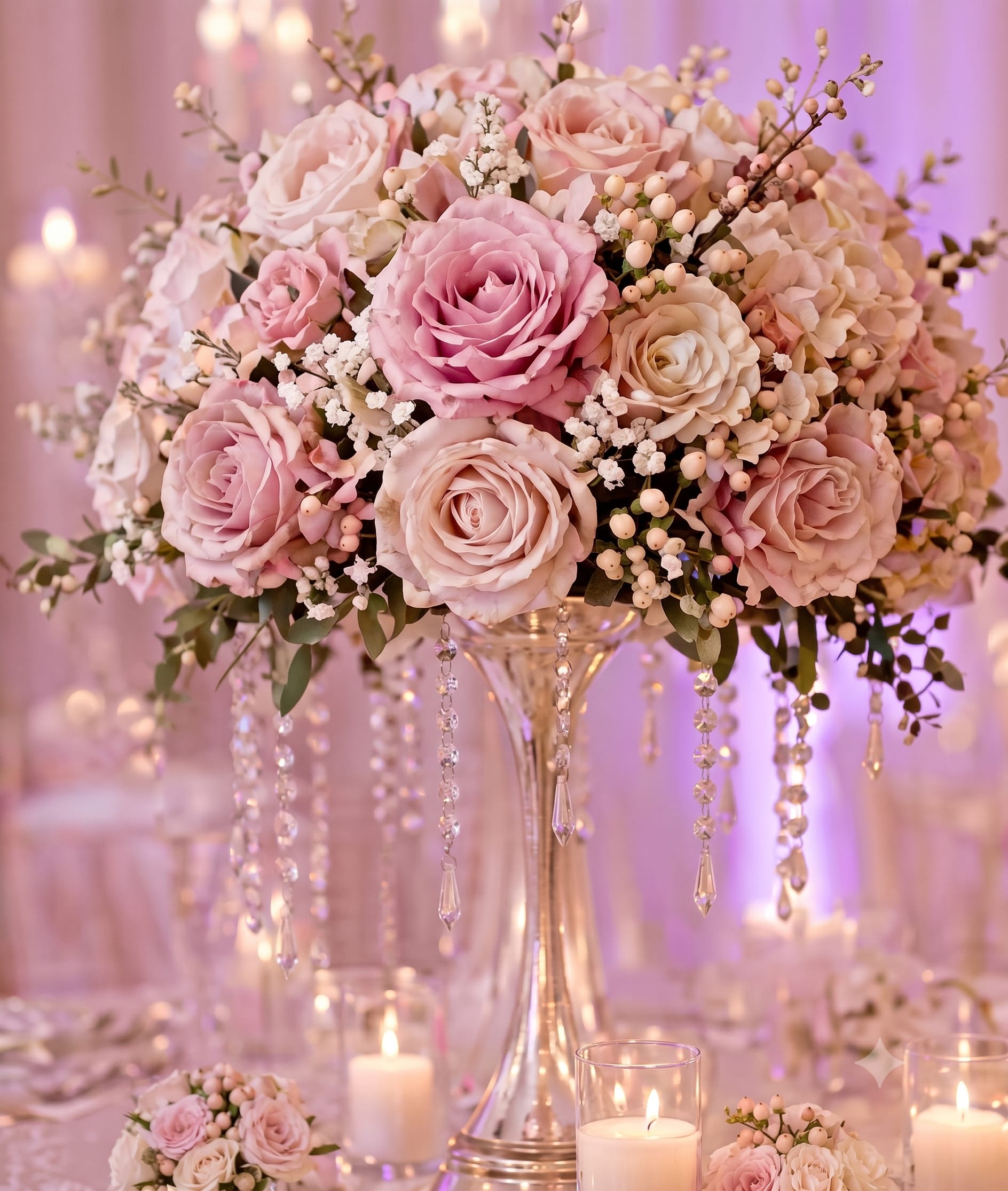 Blush Luxe - Fresh blush and soft pink roses accented with coordinating seasonal flowers, selected to complement your event, whether it's a Wedding, baby shower, bridal shower, birthday, anniversary, or other special event.  Please note: This purchase includes fresh flowers only. Floral design, vase, stand, candles, crystals, setup, delivery, and decorative accessories are not included. The photo shown is for inspiration only. Flower varieties, colors, and quantities may vary based on seasonal availability.