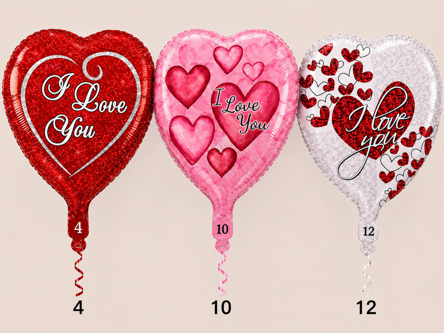 Three heart-shaped balloons in red, pink, and white with "I Love You" text